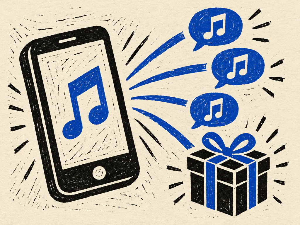 Linocut print of a phone sending a music note to friends