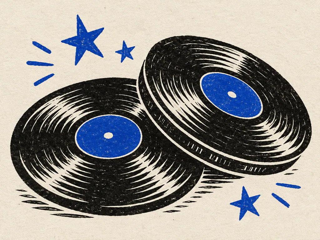 Linocut print of two vinyl records side by side
