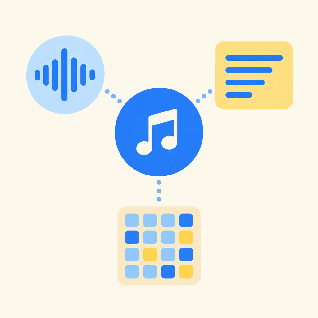 Flat geometric shapes forming a path of notes, the route of making music online