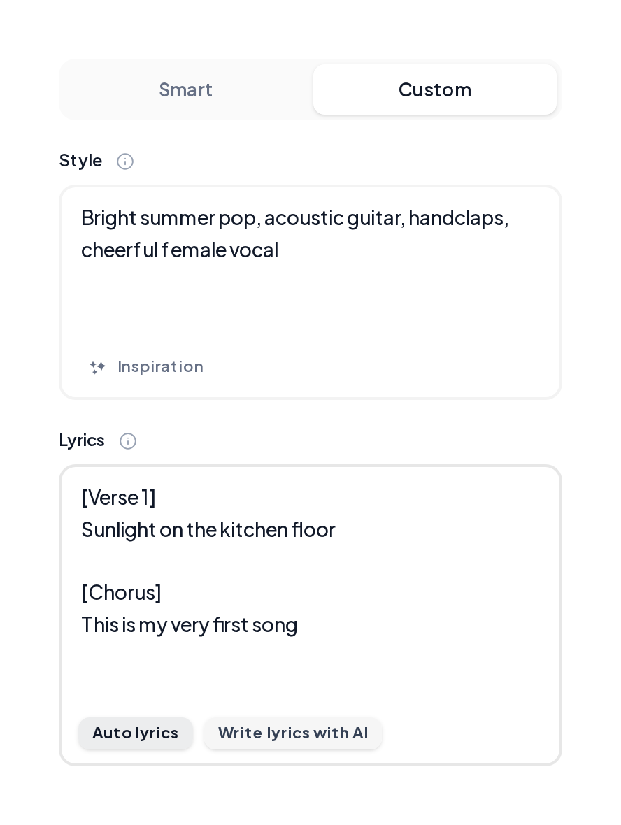 Custom mode with a summer pop style and short tagged lyrics