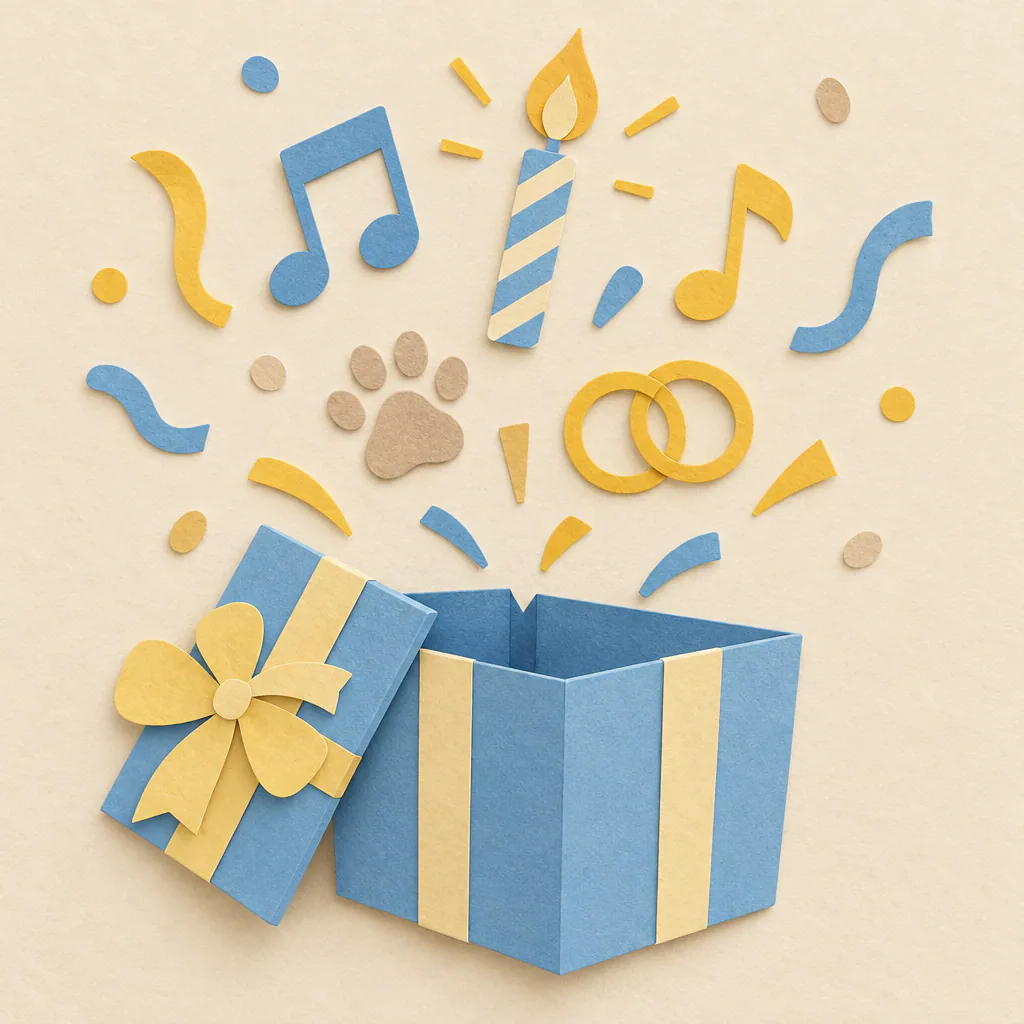 Paper cut-out gift box releasing music notes, a candle, a paw print and rings, ideas for an online song maker