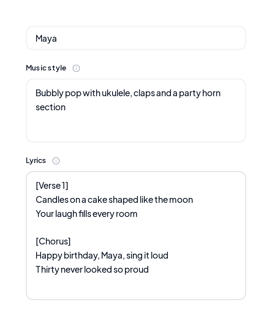 Birthday Song Custom mode with the name Maya, a style and lyrics that sing her name