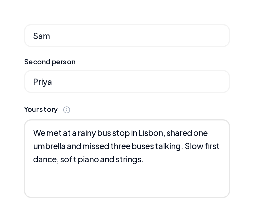 Wedding Song form with the names Sam and Priya and their story