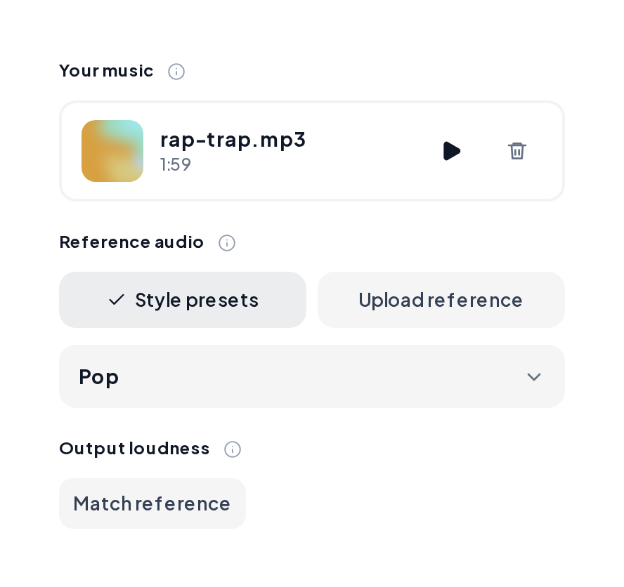 AI Mastering with an uploaded track, style presets and output loudness