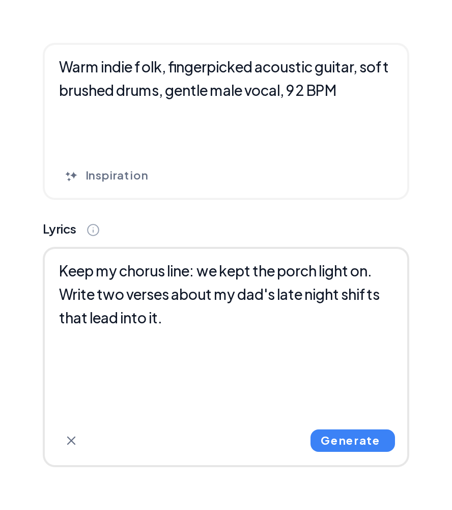 Custom mode with a brief that keeps the chorus line and asks for two verses