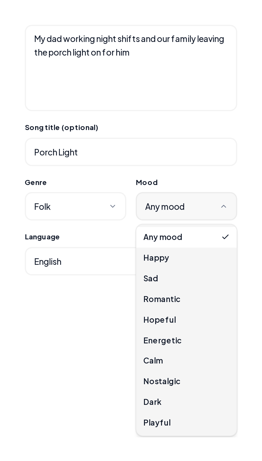 Lyrics generator with a porch light theme, Folk genre and the mood list open in an online songwriter
