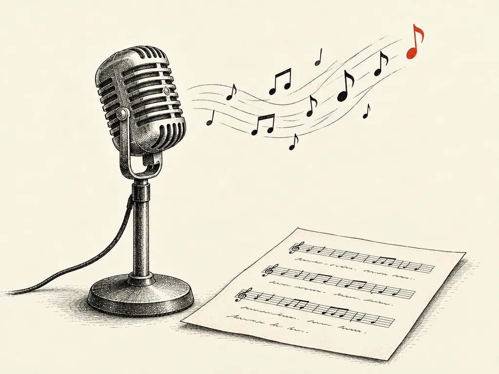 Vintage microphone with notes rising from a lyric sheet