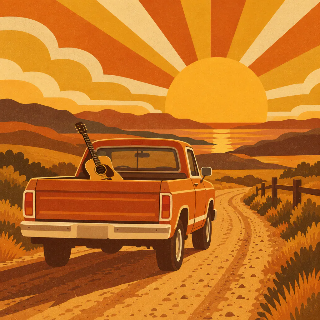 Retro illustration of a pickup truck on a dirt road at sunset