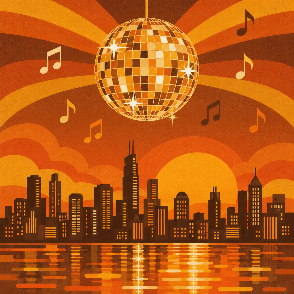 Retro illustration of a disco ball over a city skyline at dusk