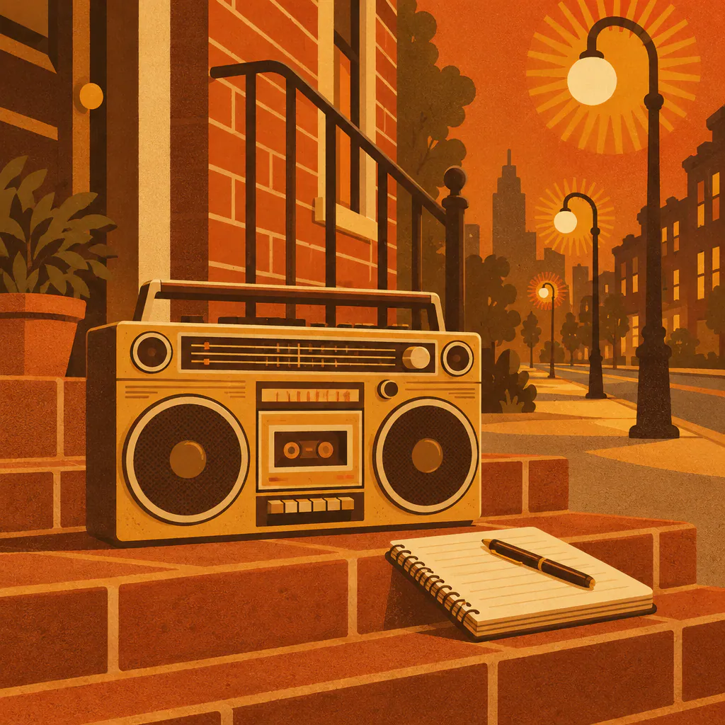 Retro illustration of a boombox and notebook on a brick stoop