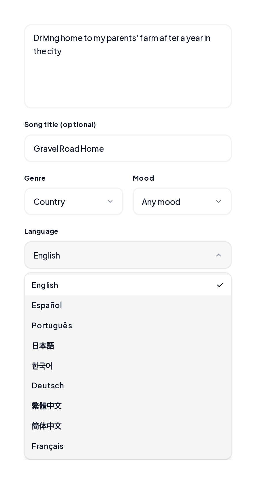 AI Lyrics Generator with a gravel road topic, Country genre and English selected