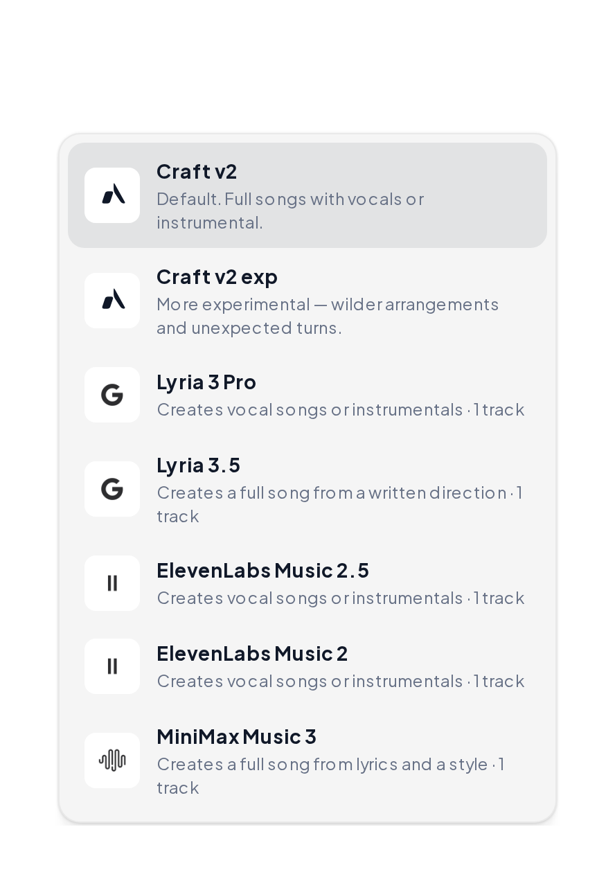 Model list in the song creator after the lyric maker AI draft