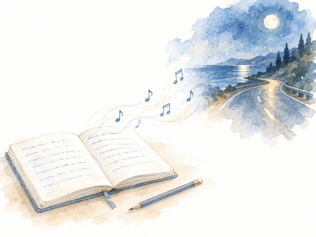 Watercolor notebook with music notes drifting toward a night road