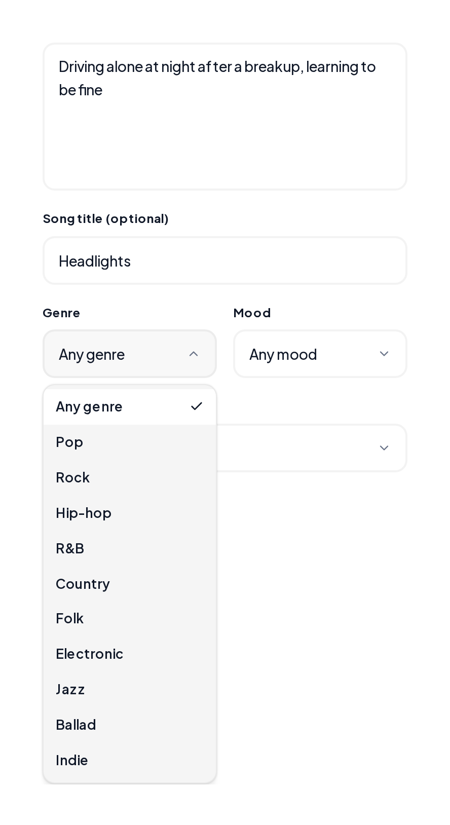 Songs lyrics generator form, a lyrics generator for song ideas, with a night drive topic and the genre list open
