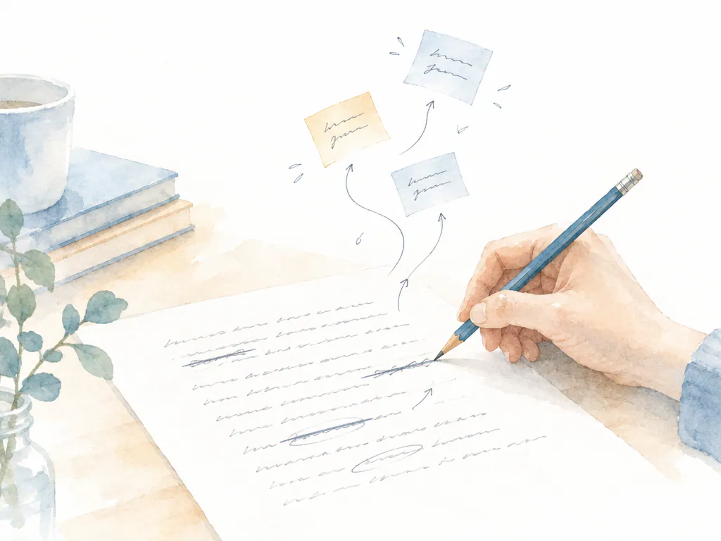 Watercolor pencil editing a lyric page in a song lyrics AI generator draft