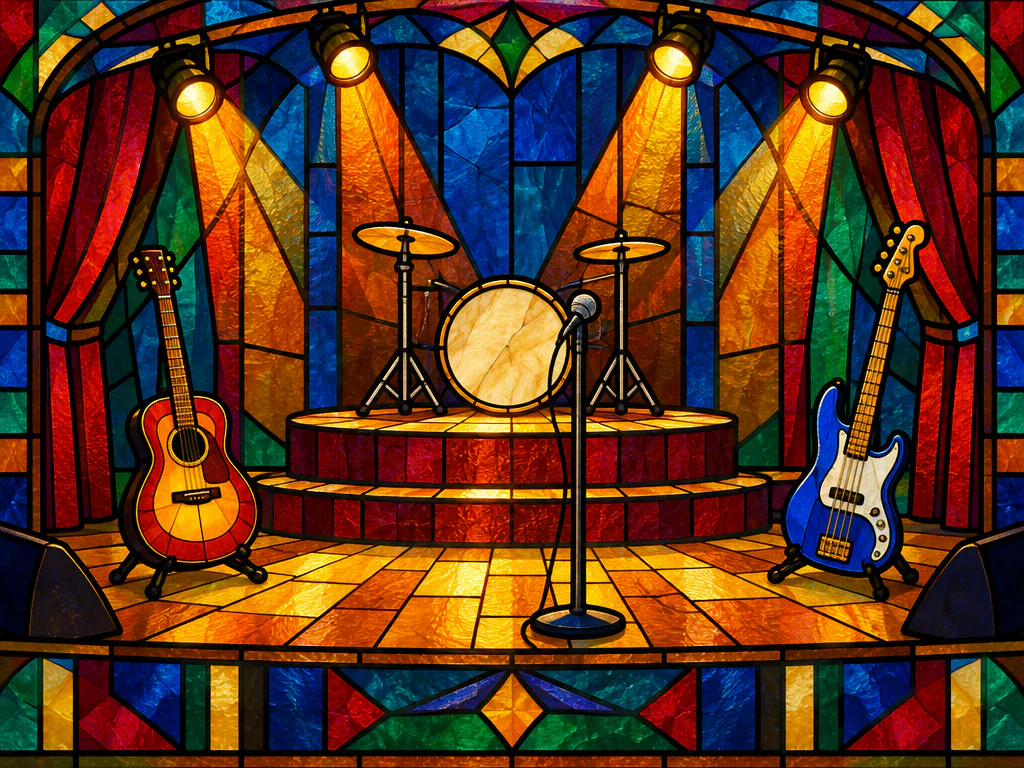 Stained glass stage with guitar, bass and an empty drum riser