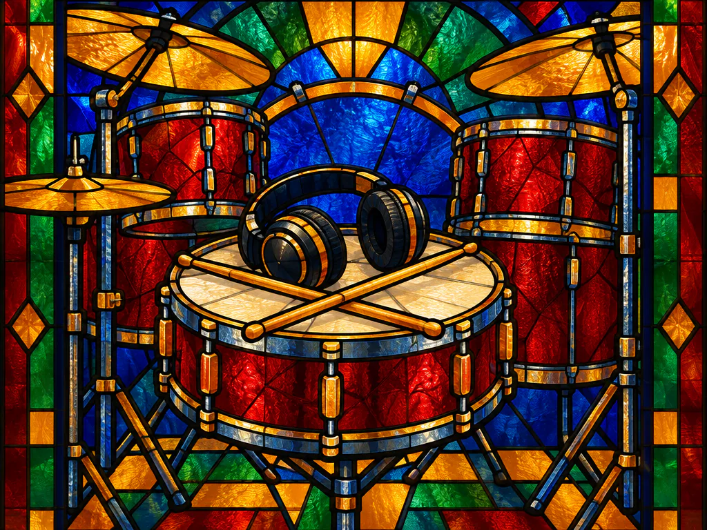 Stained glass drum kit with headphones on the snare