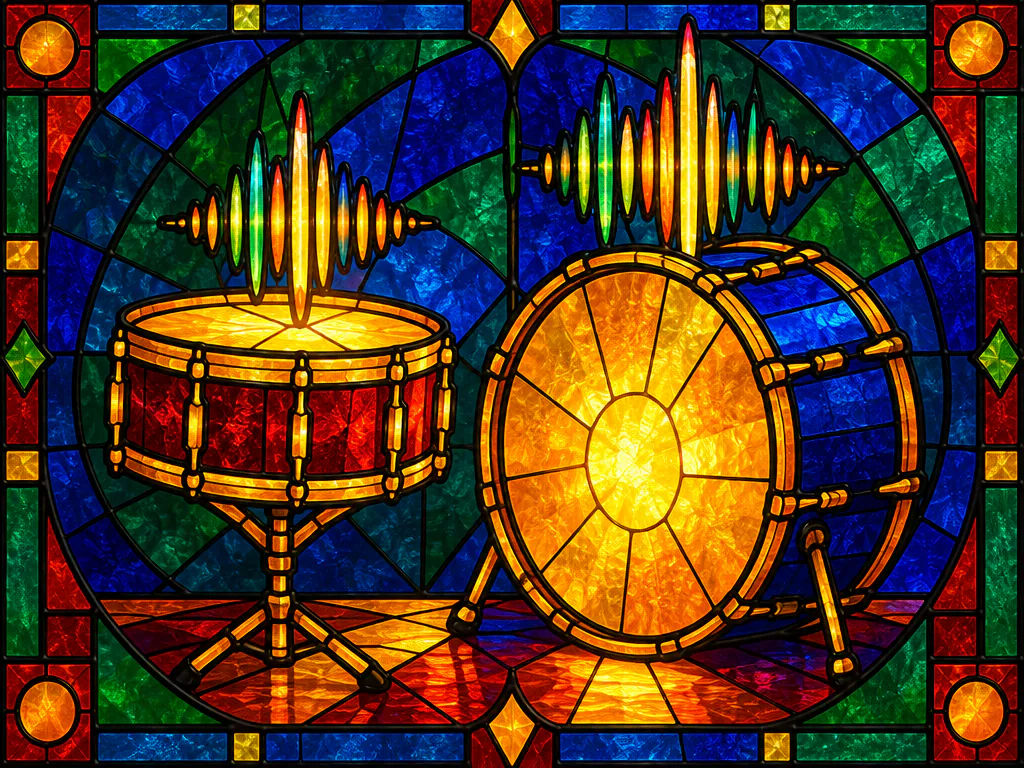 Stained glass snare and kick drum with waveforms