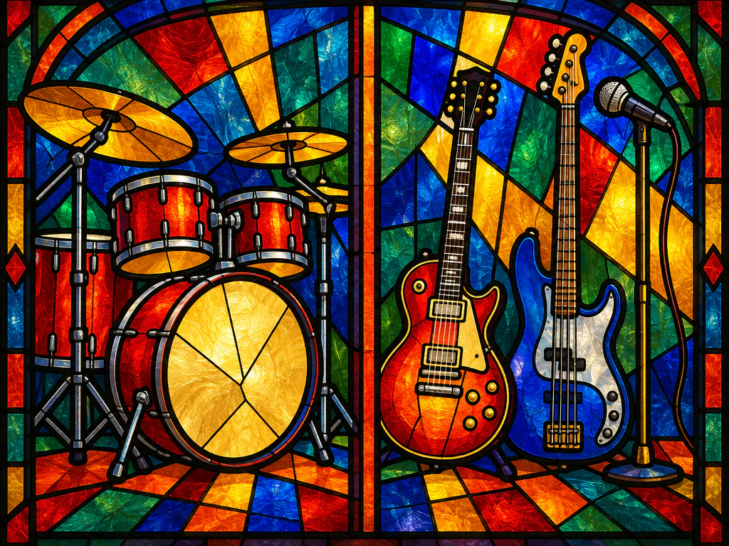 Stained glass drum kit on one side and a guitar, bass and microphone on the other