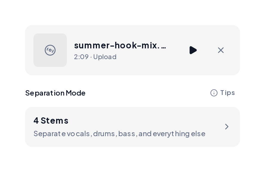 Stem Splitter with a song uploaded and 4 Stems selected as the track splitter mode