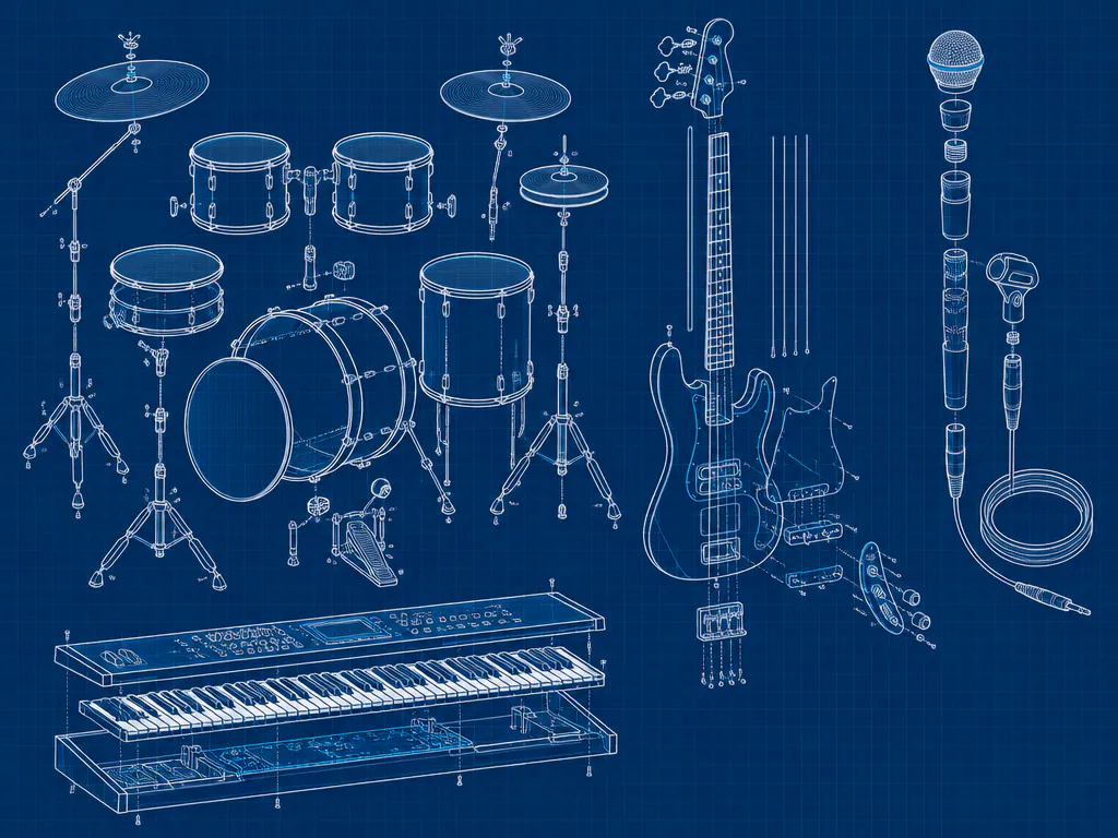Drum kit, bass, microphone and keyboard drawn apart, a four-way track separator