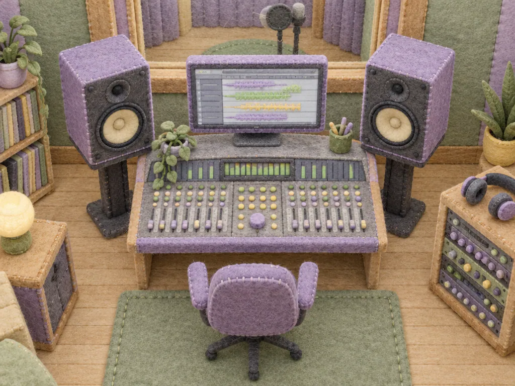 Felt craft recording studio with a mixing desk and monitor speakers