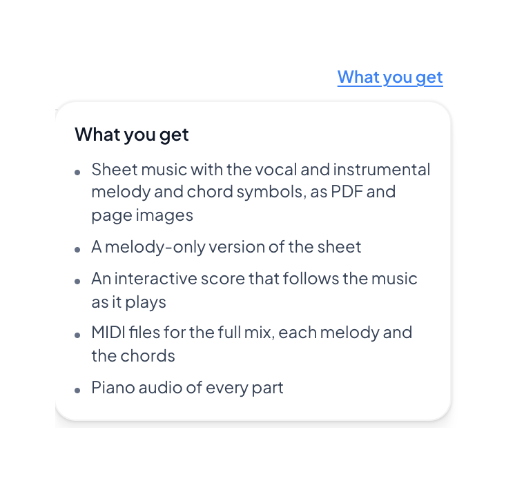 What you get panel listing sheet music with melody and chords, melody only version, interactive score and MIDI