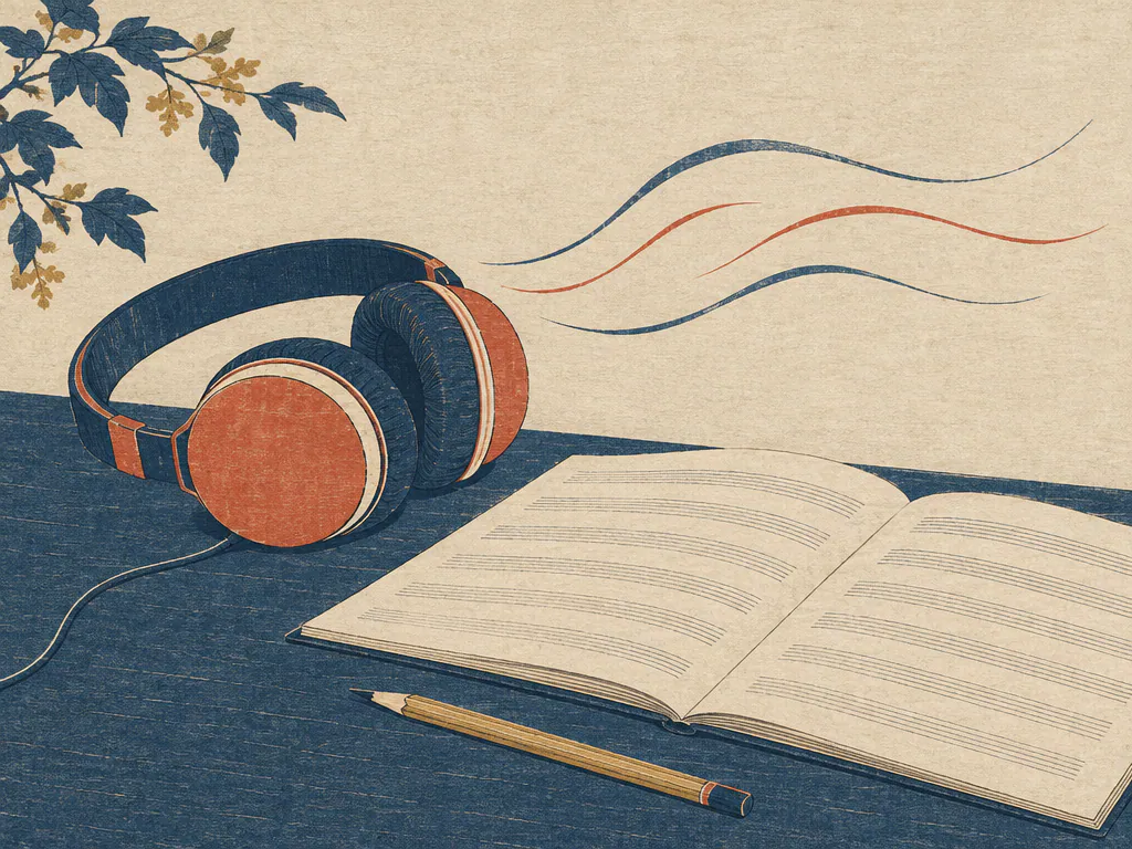 Headphones beside an open music notebook with sound waves drifting out