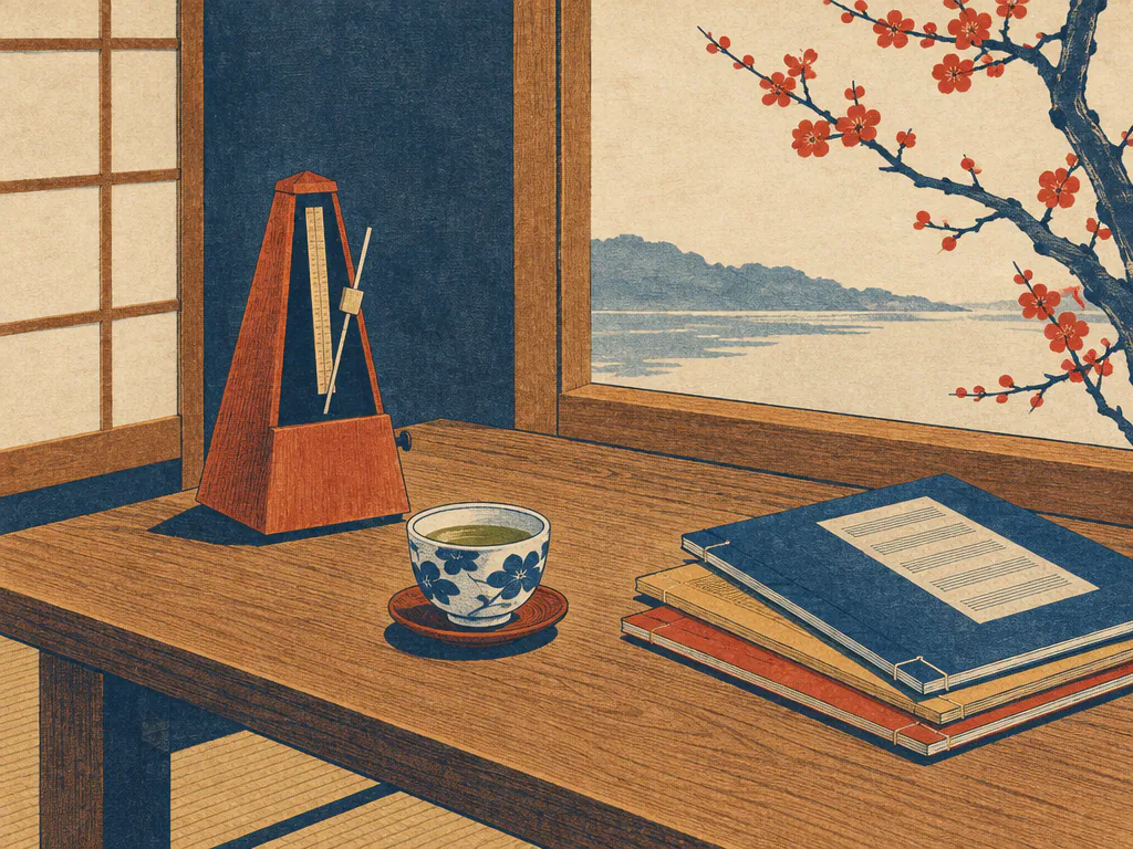 Metronome, tea and music notebooks on a desk by a window