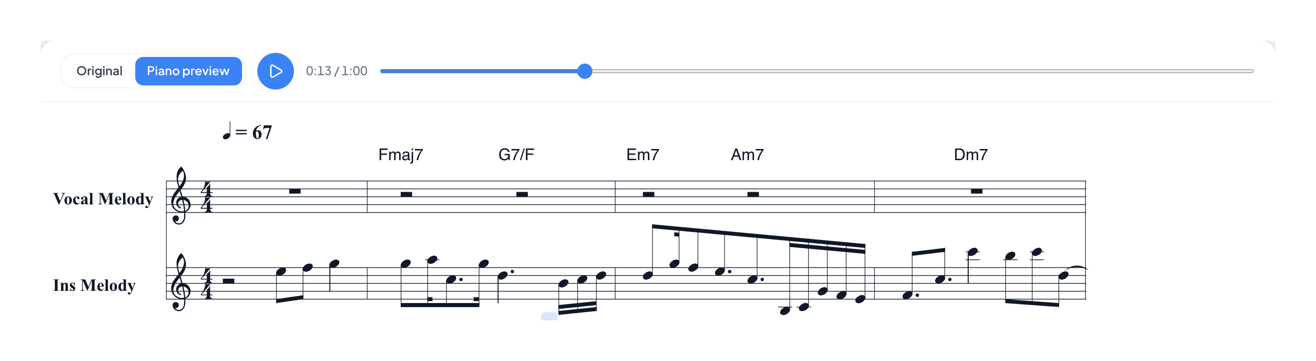 MusiCraft player with Piano preview active above a lead sheet with tempo 67 and chords Fmaj7, G7/F, Em7, Am7, Dm7