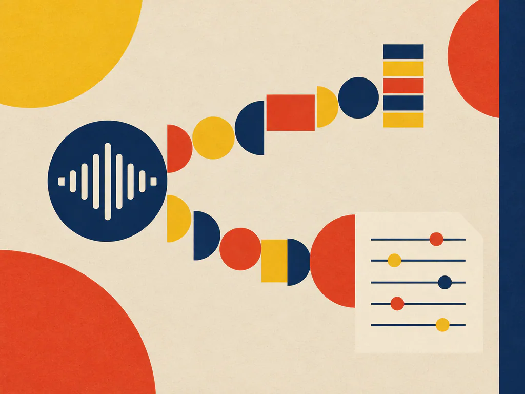 One sound wave splitting into two paths, a stack of instrument parts and a single lead sheet