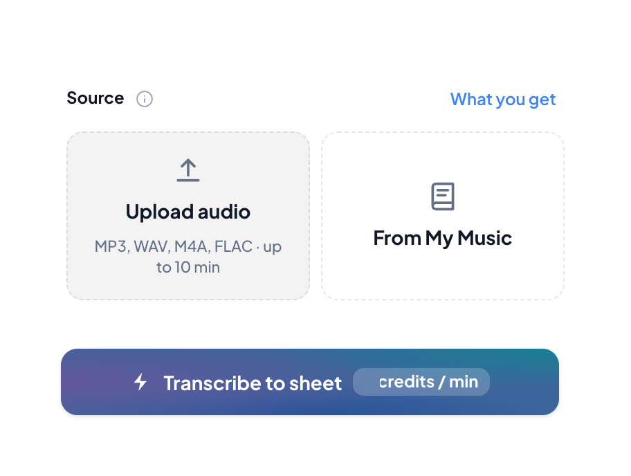 Music to Sheet source panel with Upload audio, From My Music and the Transcribe to sheet button