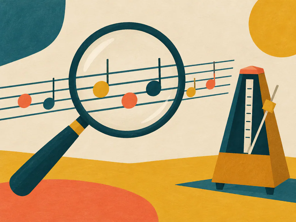 Magnifying glass over a staff of notes beside a metronome