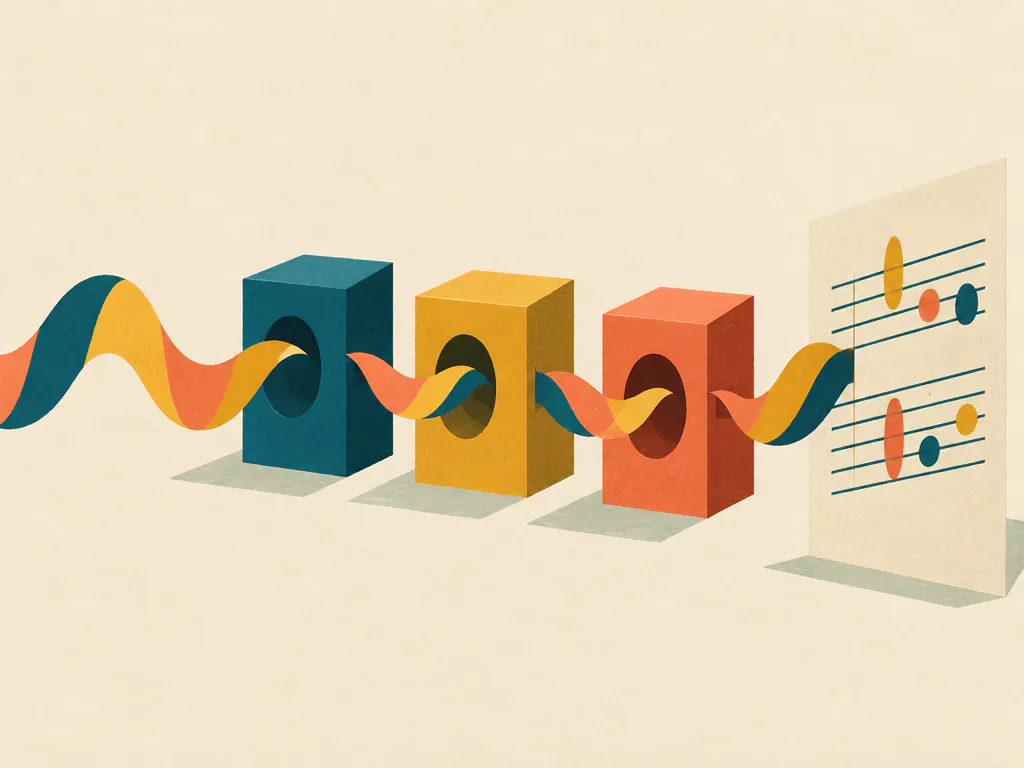 One sound clip passing through three tools toward a sheet of notes