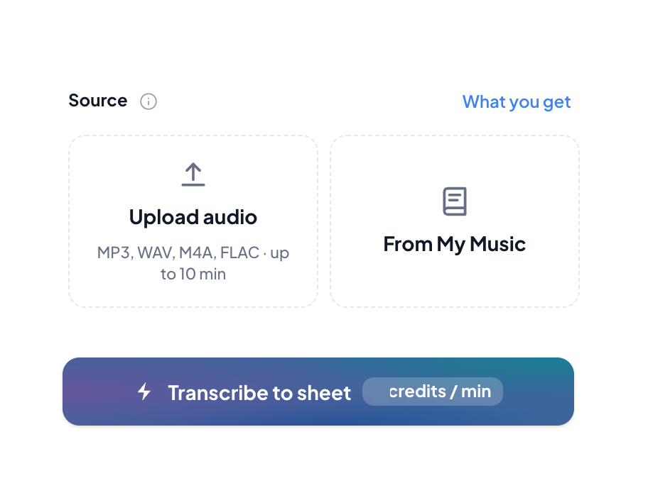 MusiCraft source panel with Upload audio, From My Music and Transcribe to sheet