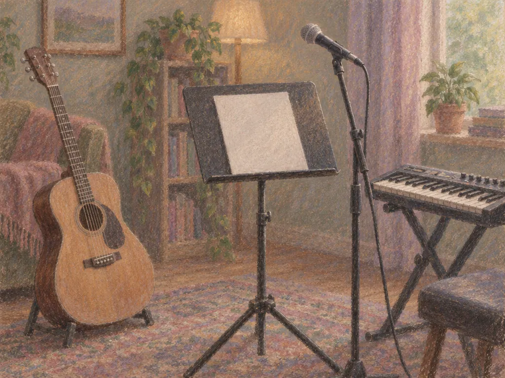 Guitar, keyboard and microphone around a music stand in a rehearsal room