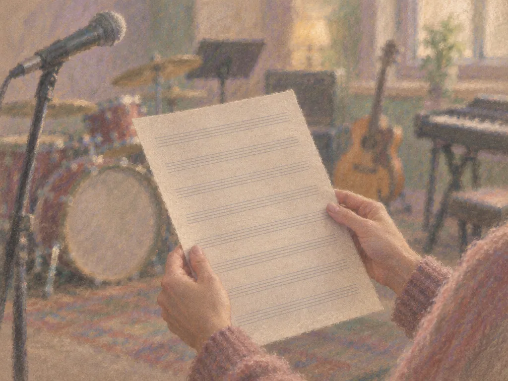 A singer holding a sheet of music in front of a softly lit band rehearsal