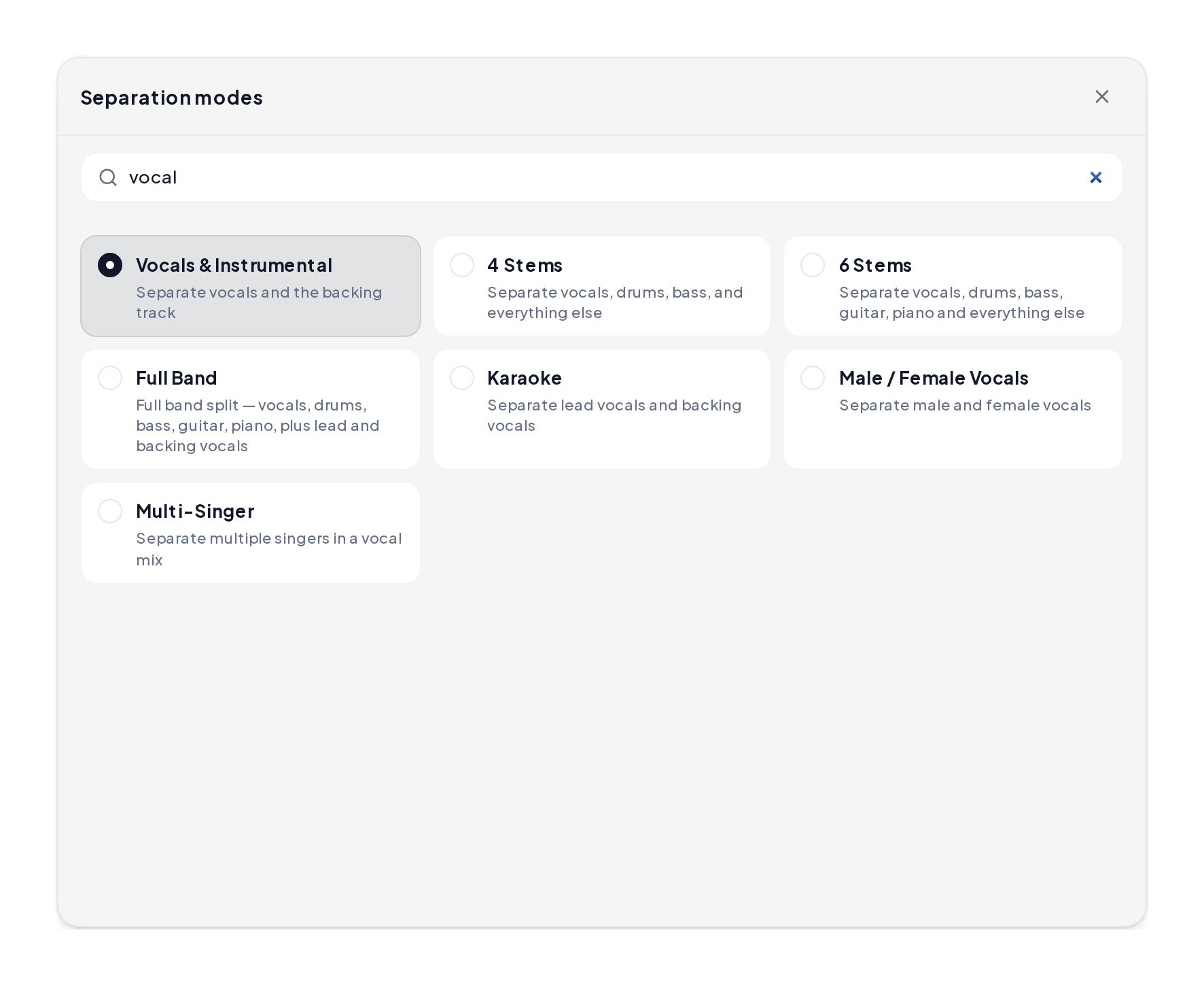 Separation modes search listing every vocal mode
