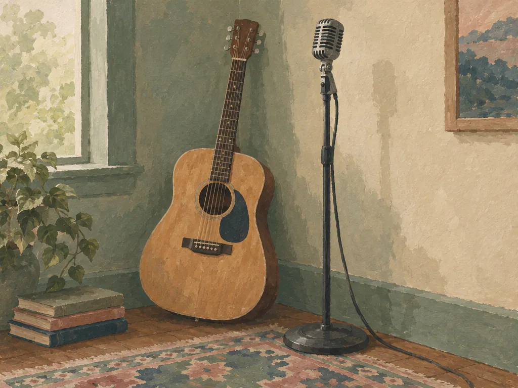 Acoustic guitar beside a vintage microphone, a clean source for a vocals isolator