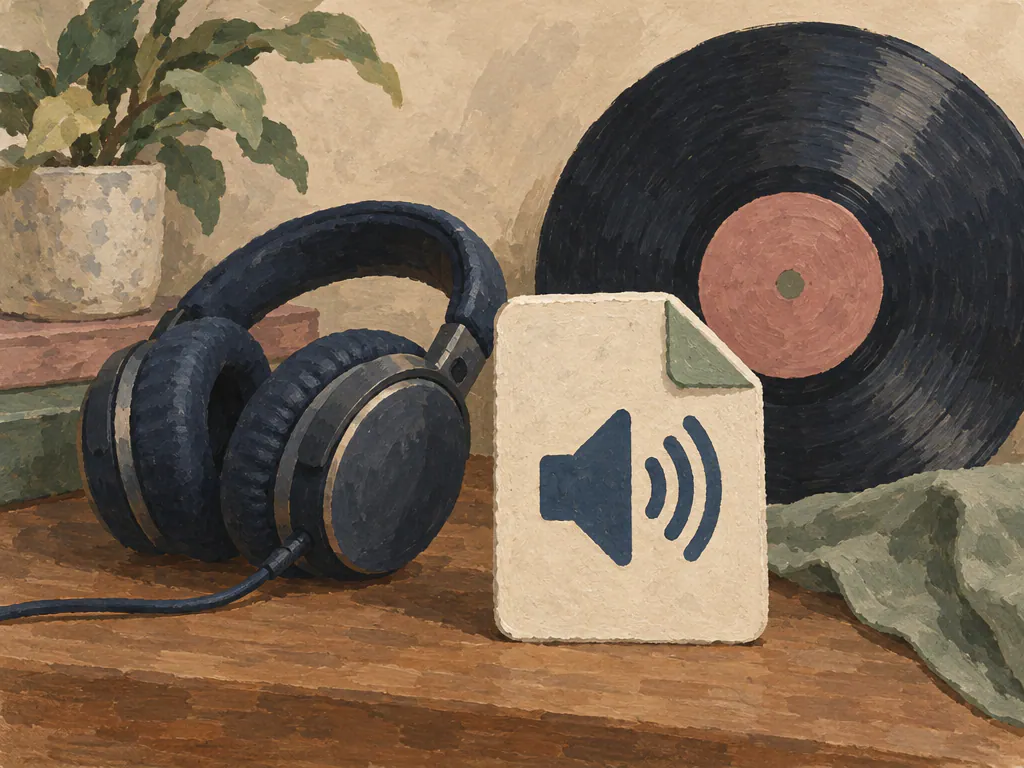 Headphones, a vinyl record and an audio file card