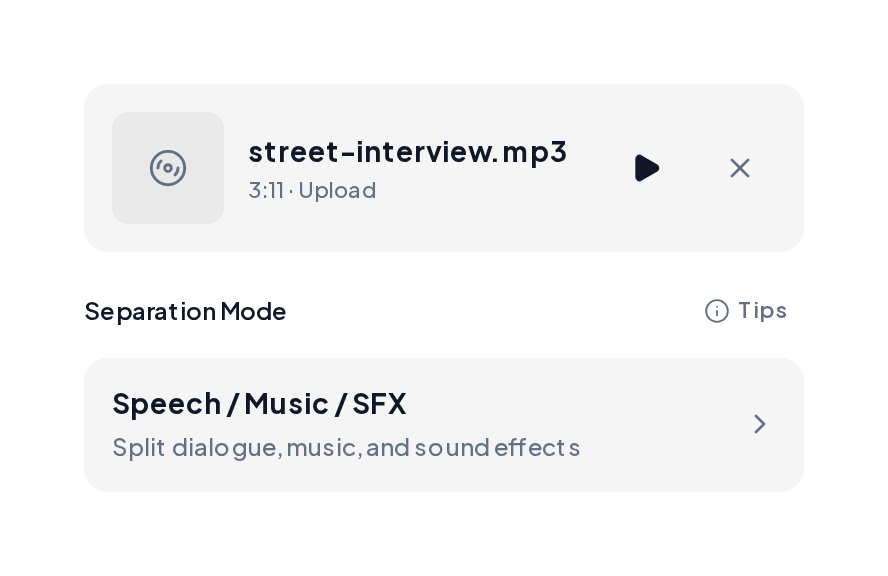 Stem Splitter with an interview recording and the Speech, Music and SFX mode selected