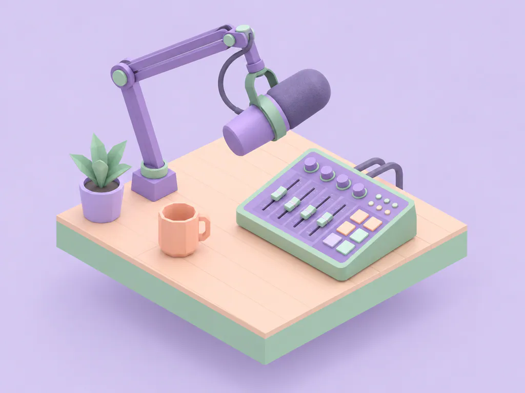 Podcast microphone beside a small mixer