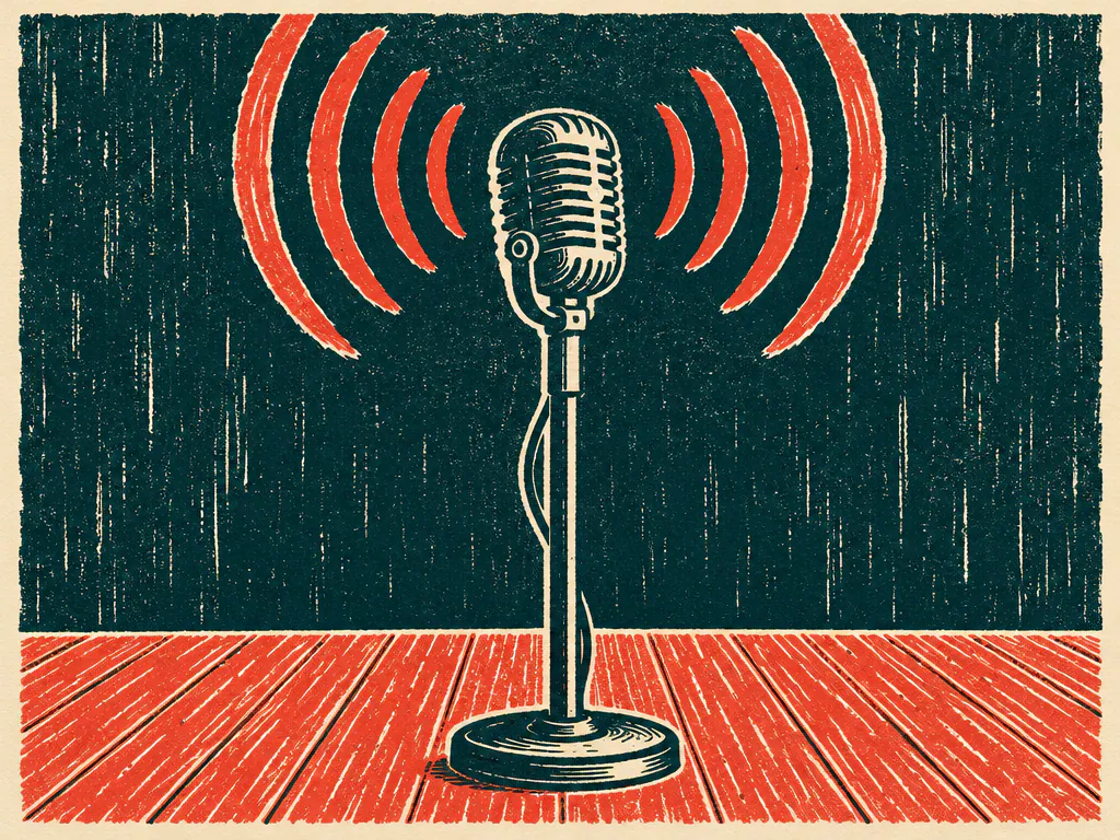 Linocut of a lone vintage microphone with sound waves rising