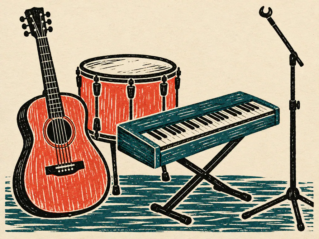 Linocut of a guitar, drum and keyboard with the microphone stand set aside