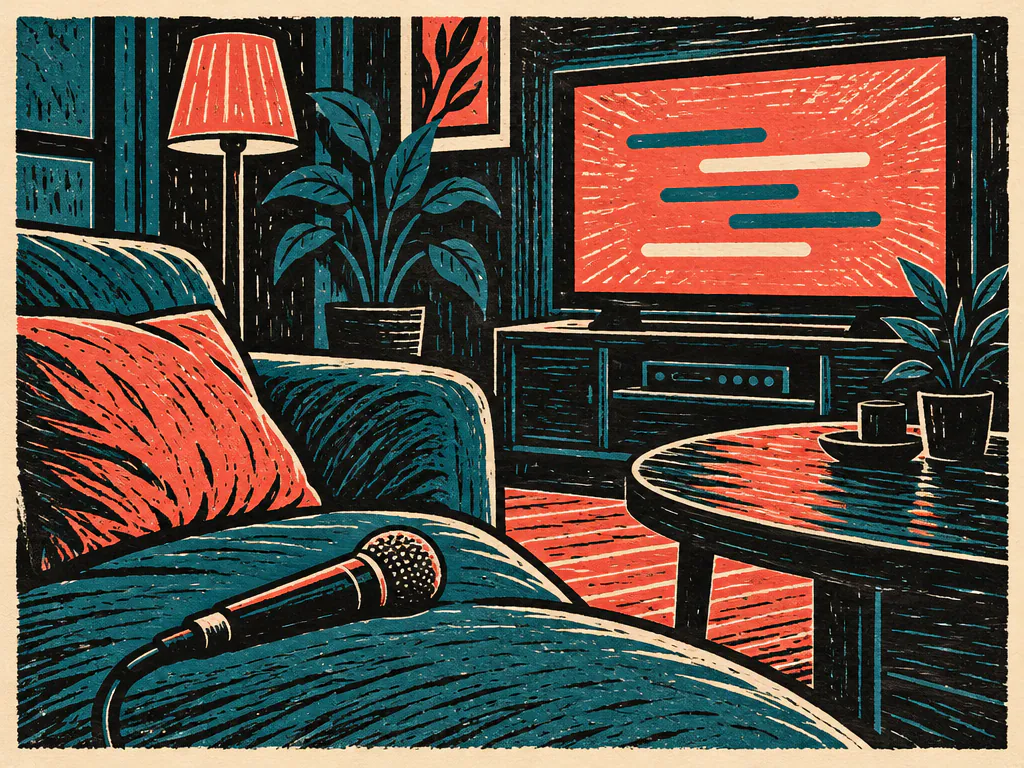 Linocut of a karaoke screen glowing over a microphone on a sofa