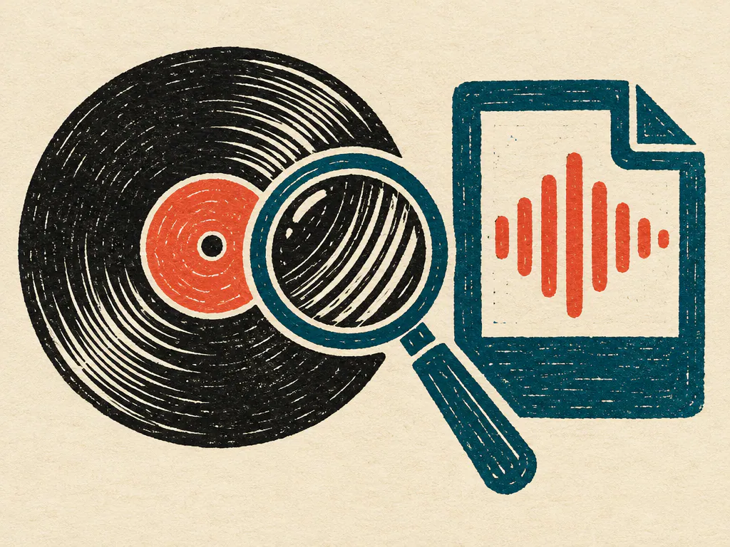 Linocut of a vinyl record and an audio file under a magnifying glass
