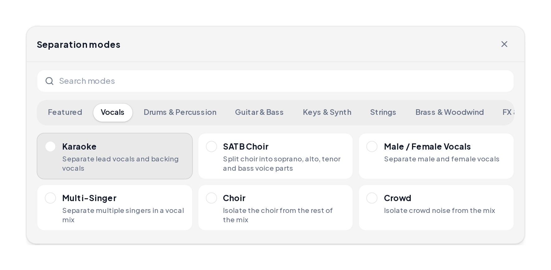 Vocals category in separation modes with Karaoke highlighted among six vocal modes