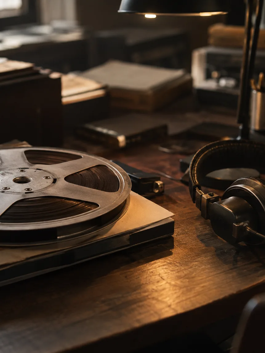 Tape and headphones on an archive desk
