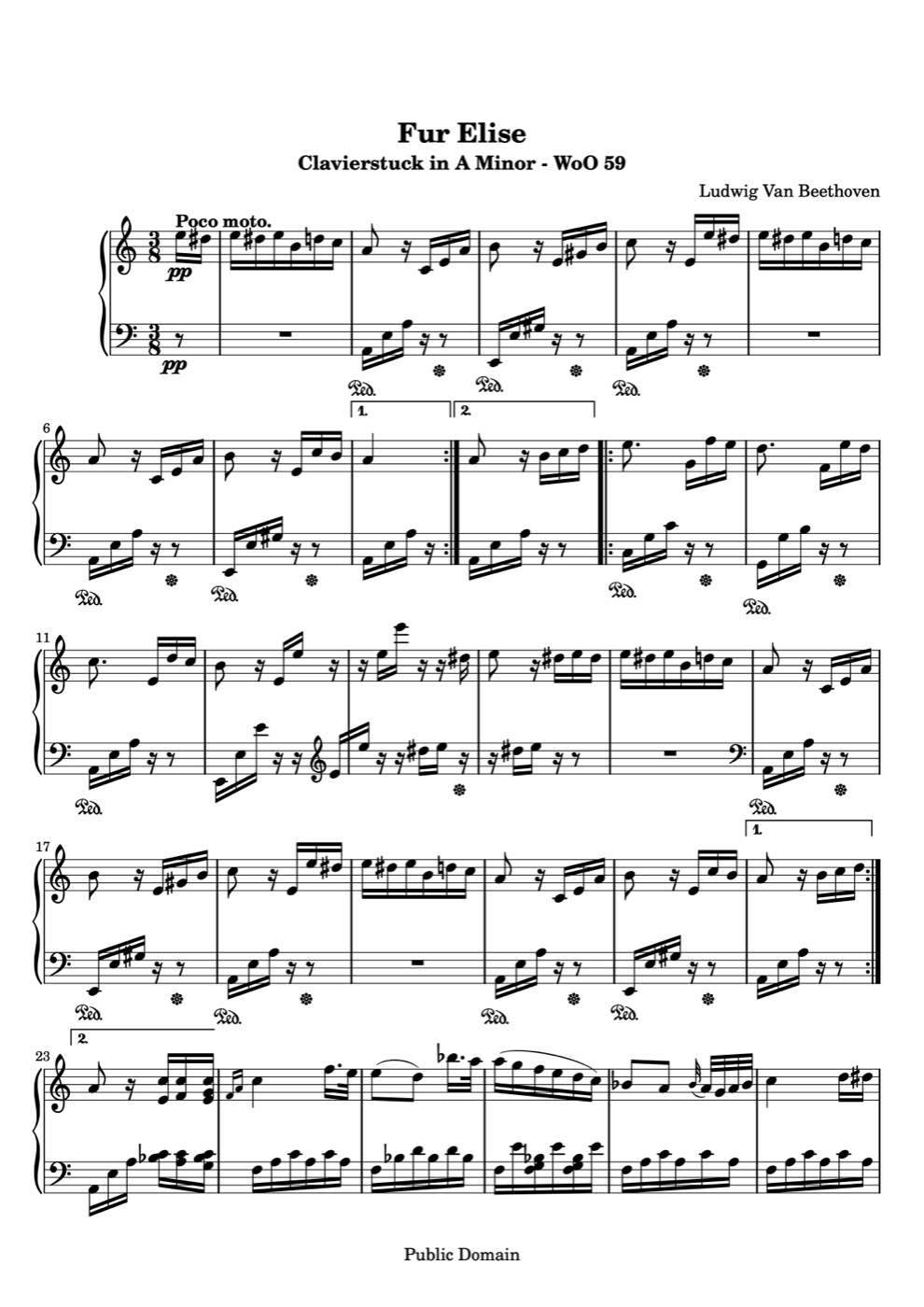 Printed first page of Beethoven's Für Elise for piano